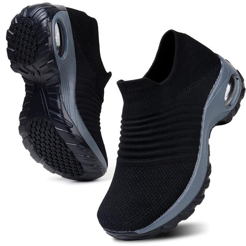HKR Womens Walking Tennis Shoes Slip On Light Weight Mesh Platform Cushioned Sneakers Black 8(ZJW1839heise40) - Image 1